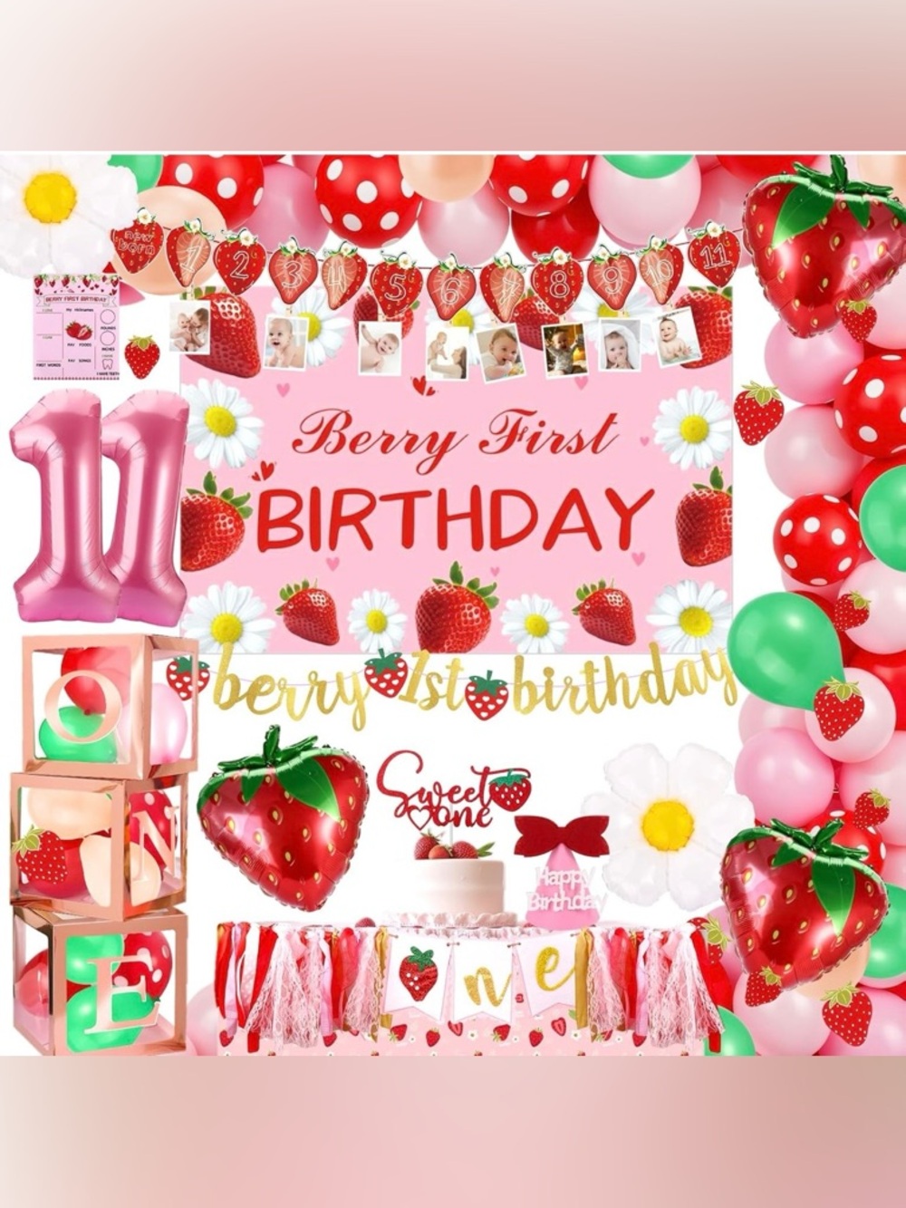 Strawberry Theme First Birthday Party Decor Kit